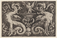 KG 01927
<br/>
Ornament met twee sfinxen en een gevleugelde man
<br/>
<em>Leyden, Lucas van (1494-1533)</em>